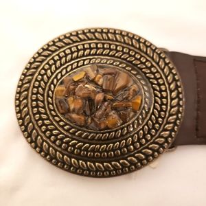 Coldwater Creek brown braided woven leather belt brass buckle Cut Stone Large